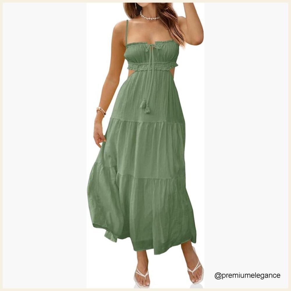 Spaghetti Strap Maxi Dress Side Cut Out Backless Boho Casual Summer